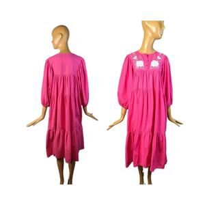 Hot Pink dress vintage tiered midi dress floral‎ cotton embroidery pockets puff